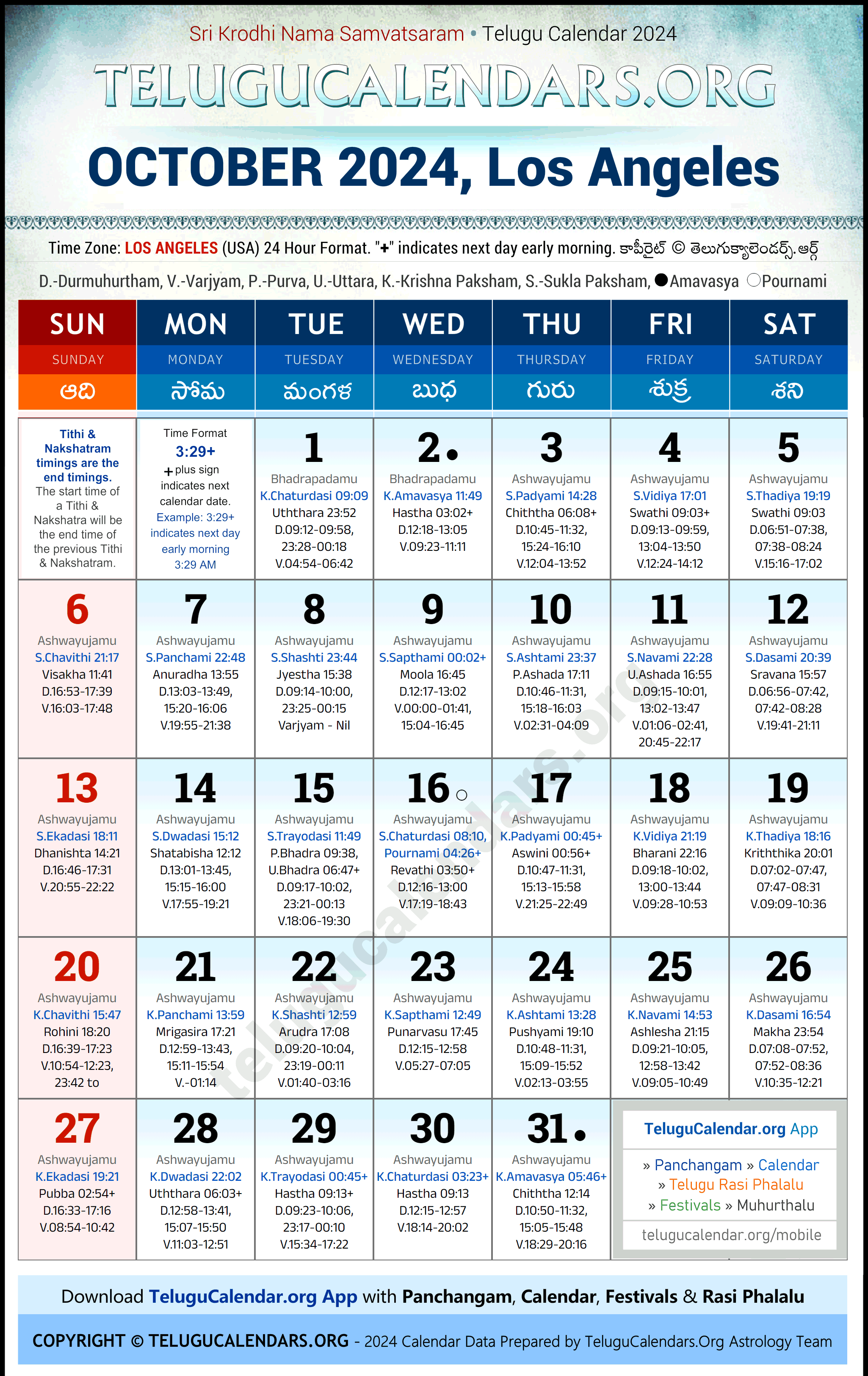Telugu Calendar 2024 October Festivals for Los Angeles