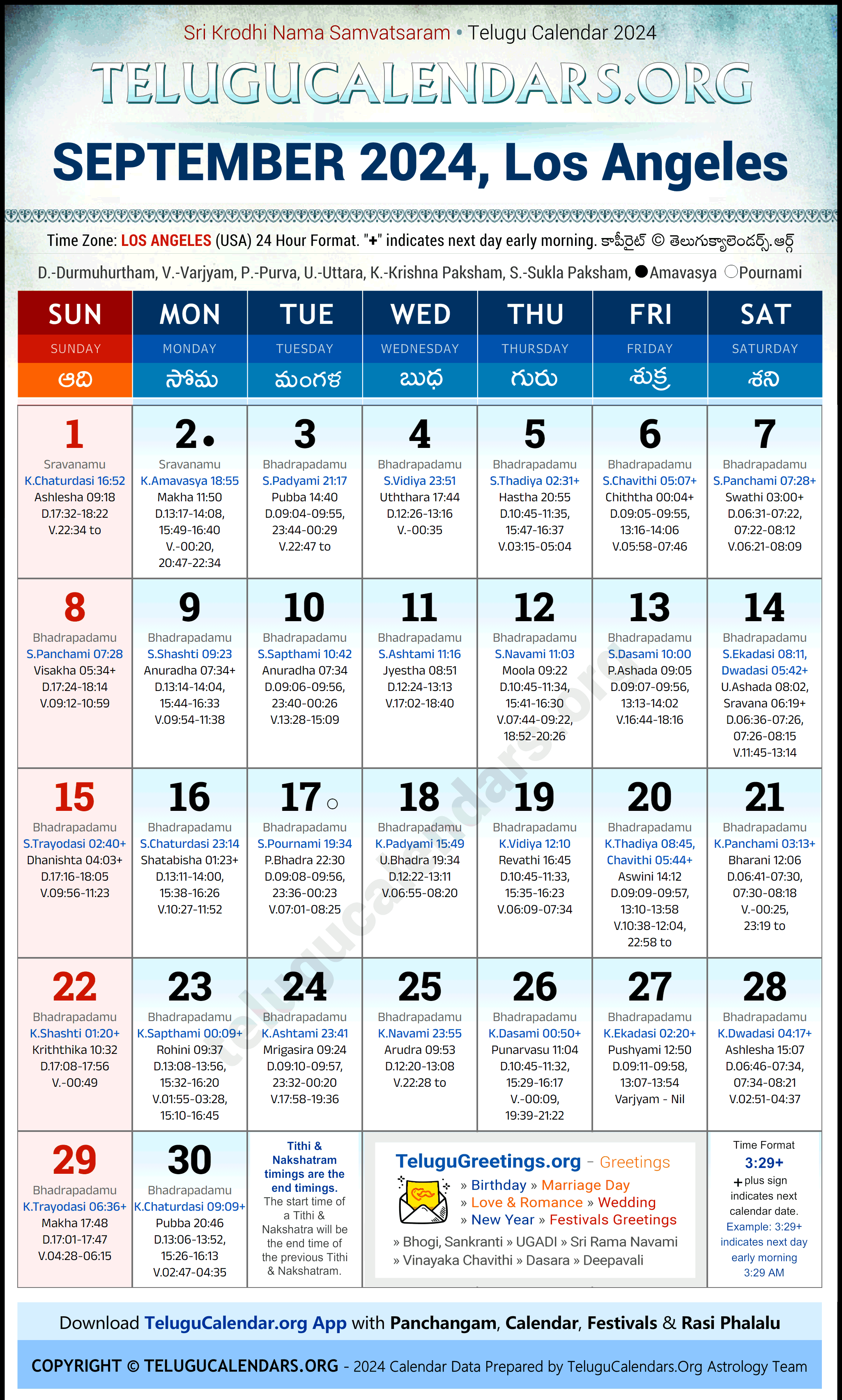 Telugu Calendar 2024 September Festivals for Los Angeles