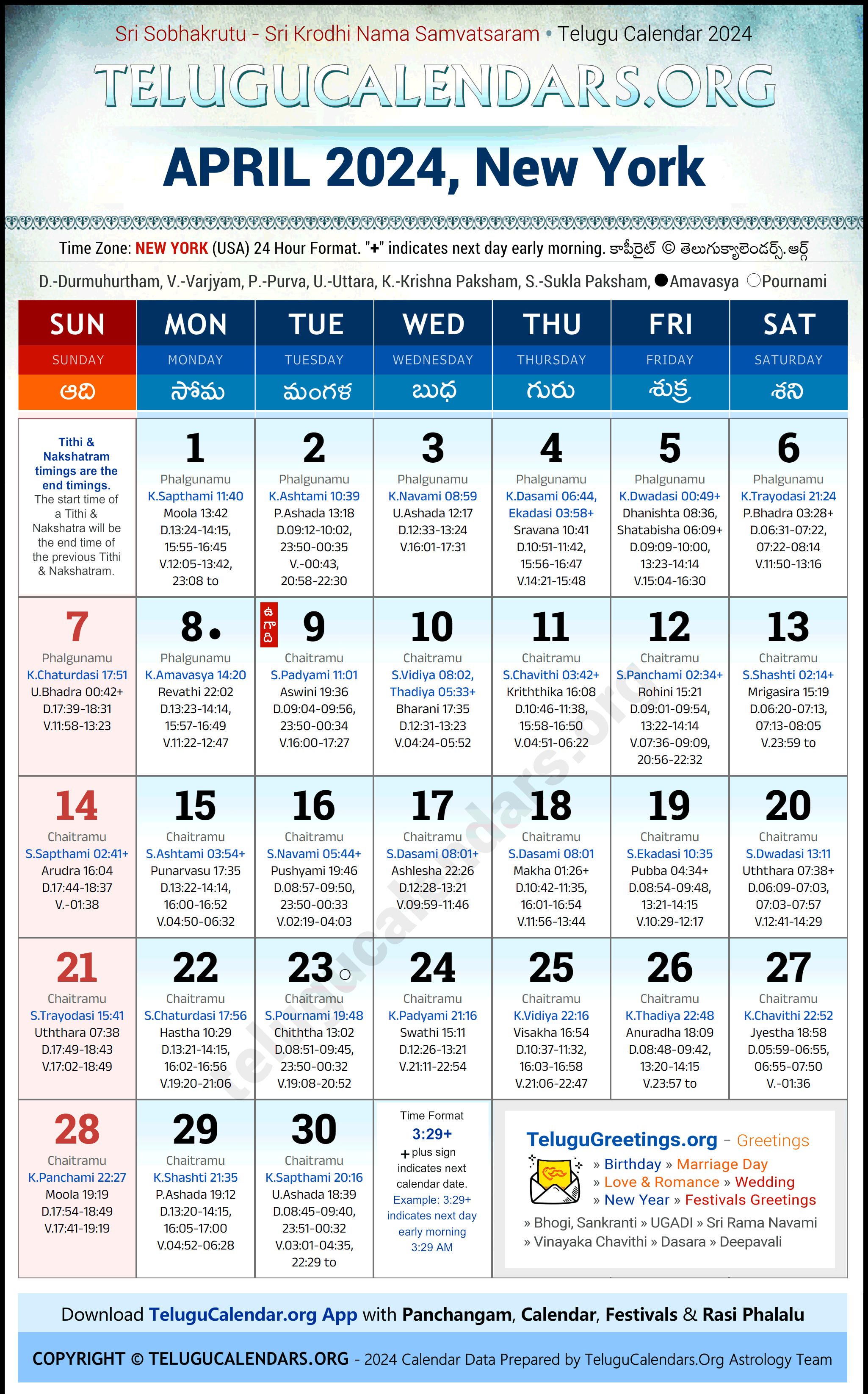 Telugu Calendar 2024 April Festivals for New York