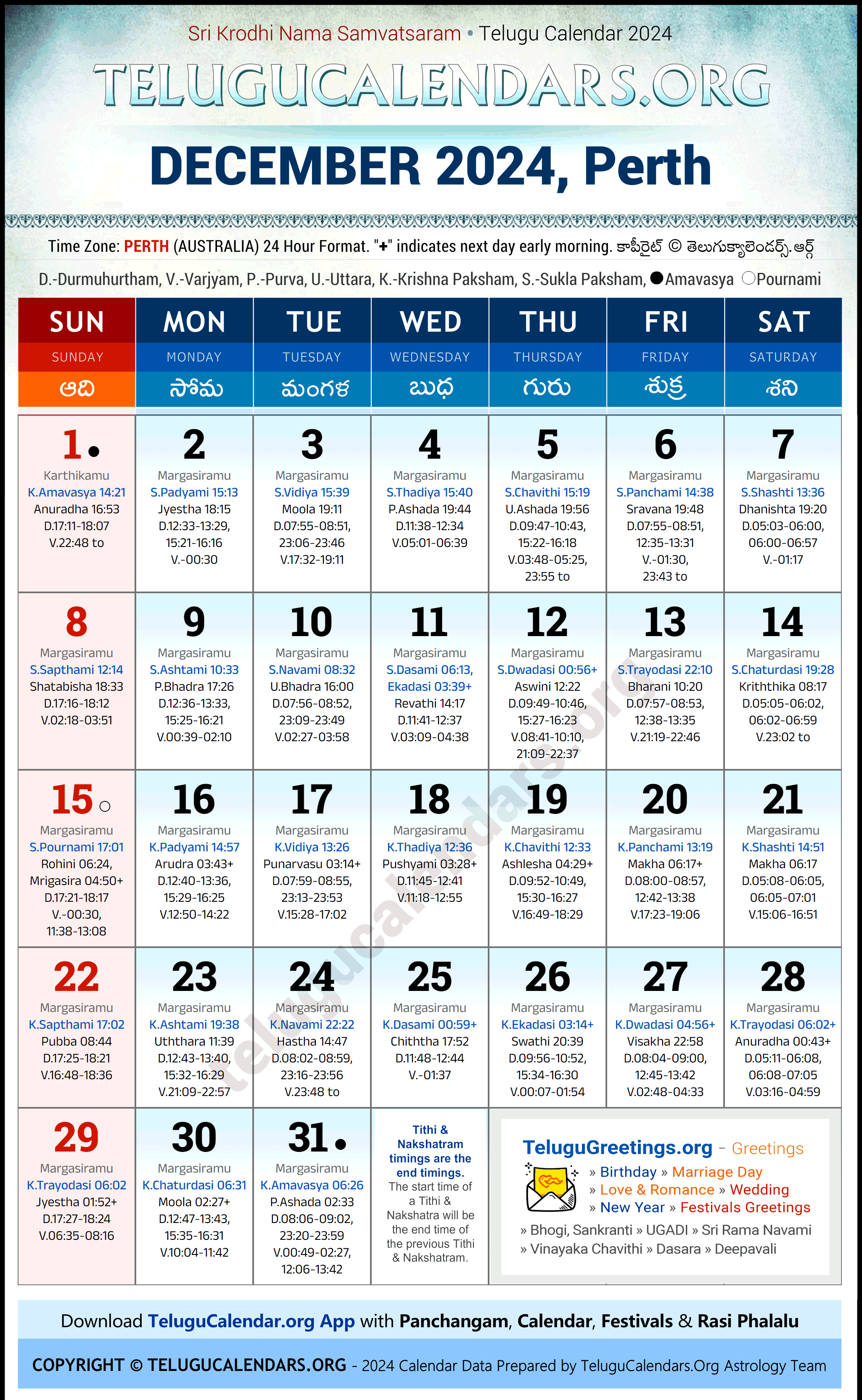 Telugu Calendar 2024 December Festivals for Perth