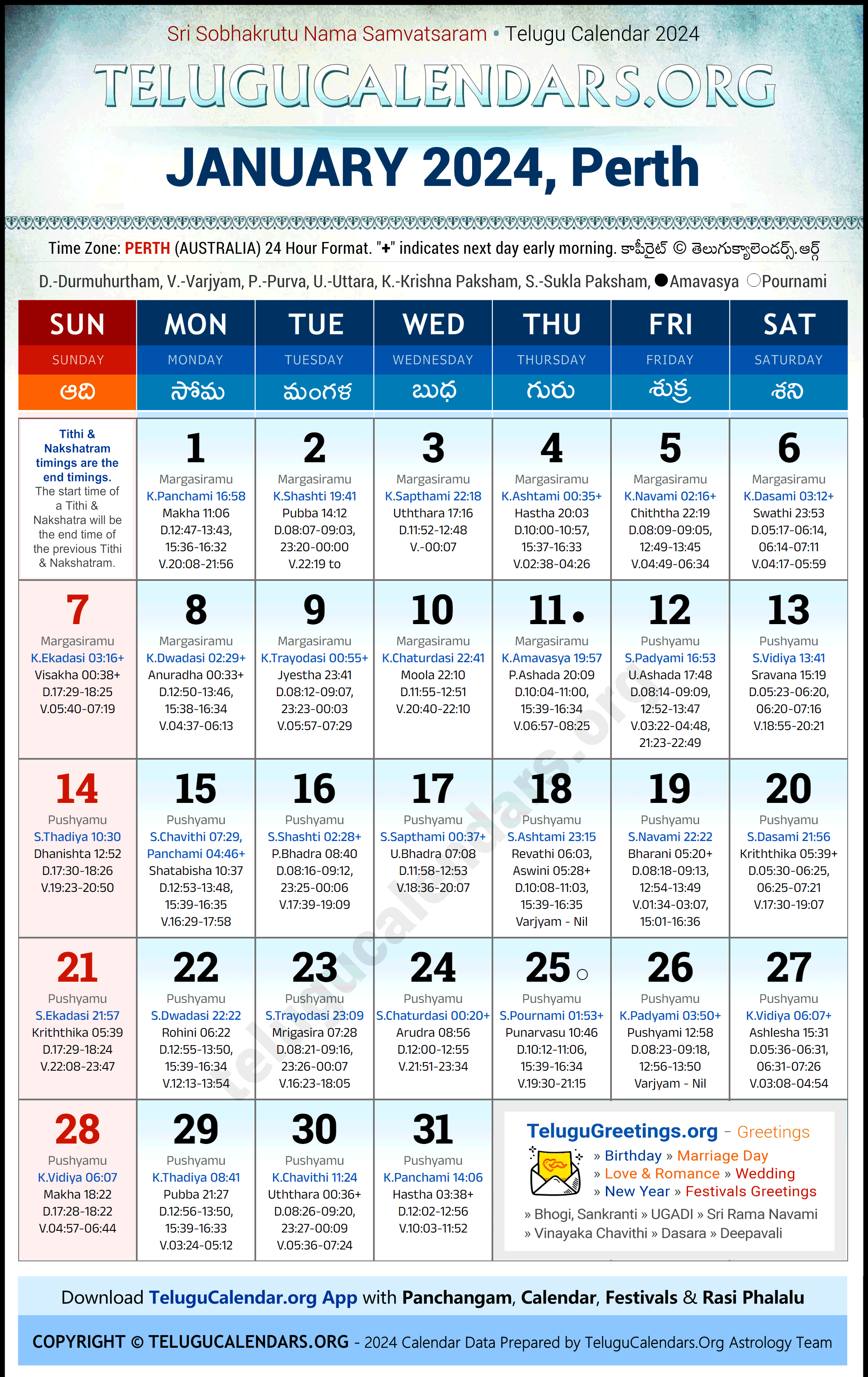 Telugu Calendar 2024 January Festivals for Perth