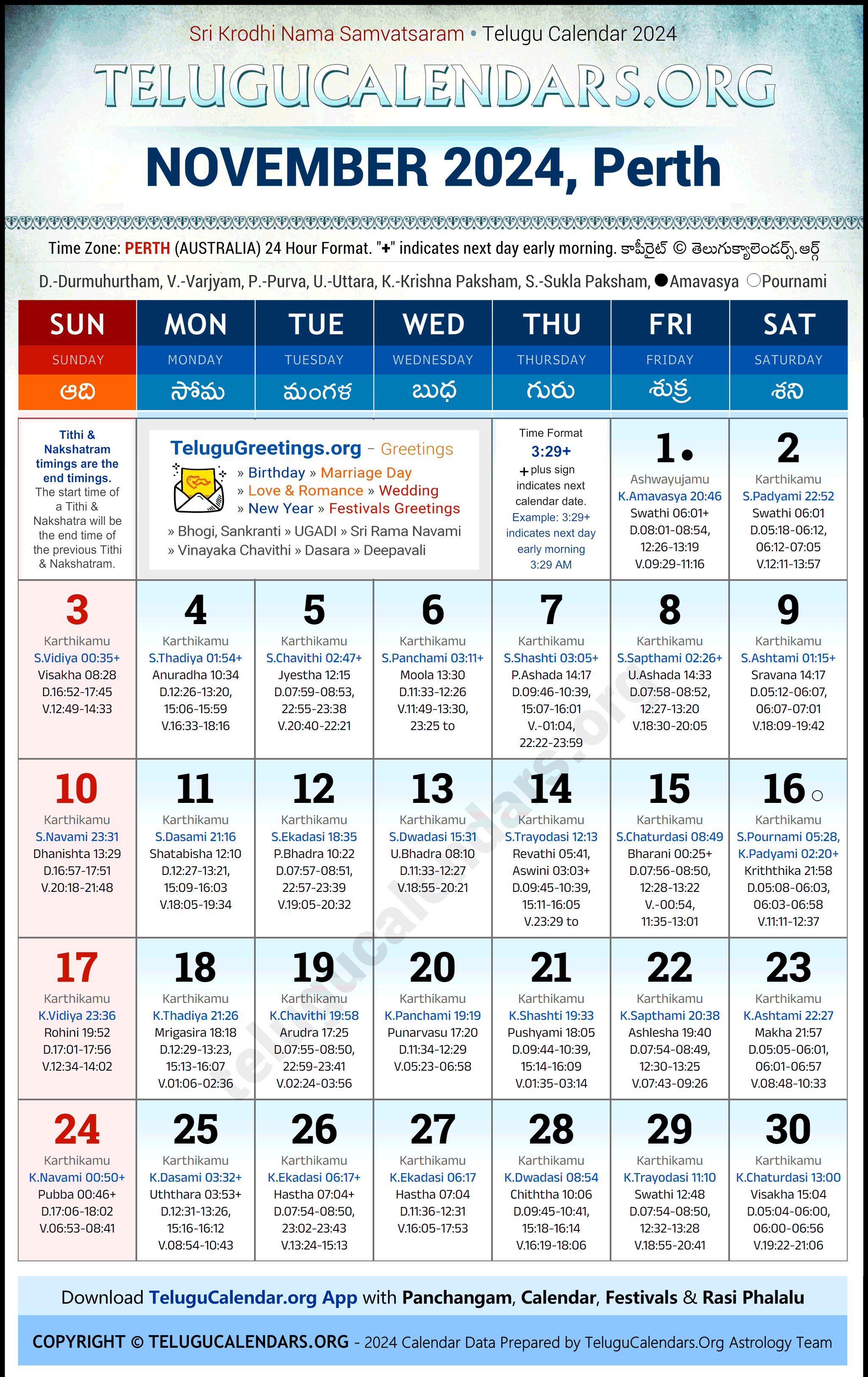 Telugu Calendar 2024 November Festivals for Perth