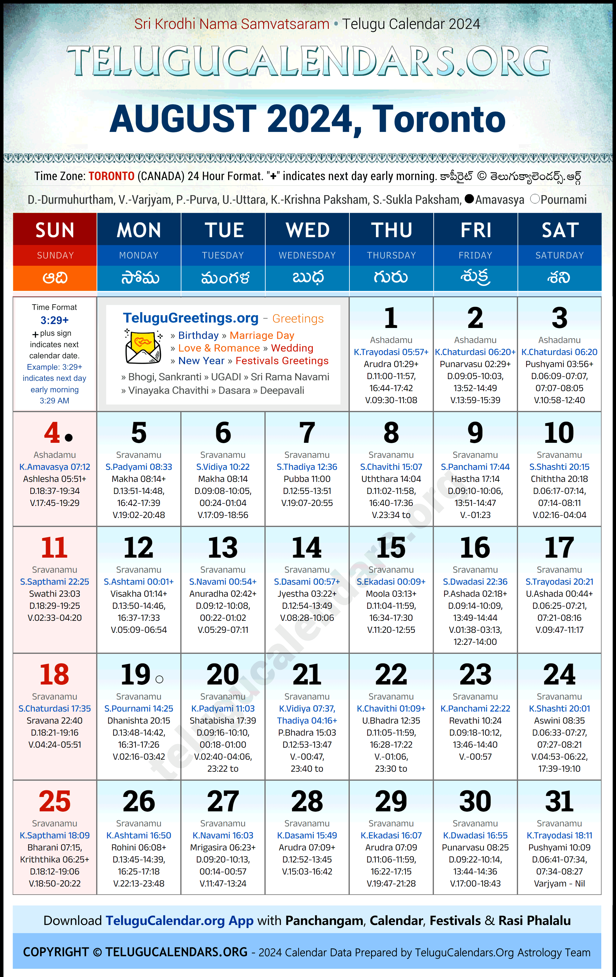 Telugu Calendar 2024 August Festivals for Toronto