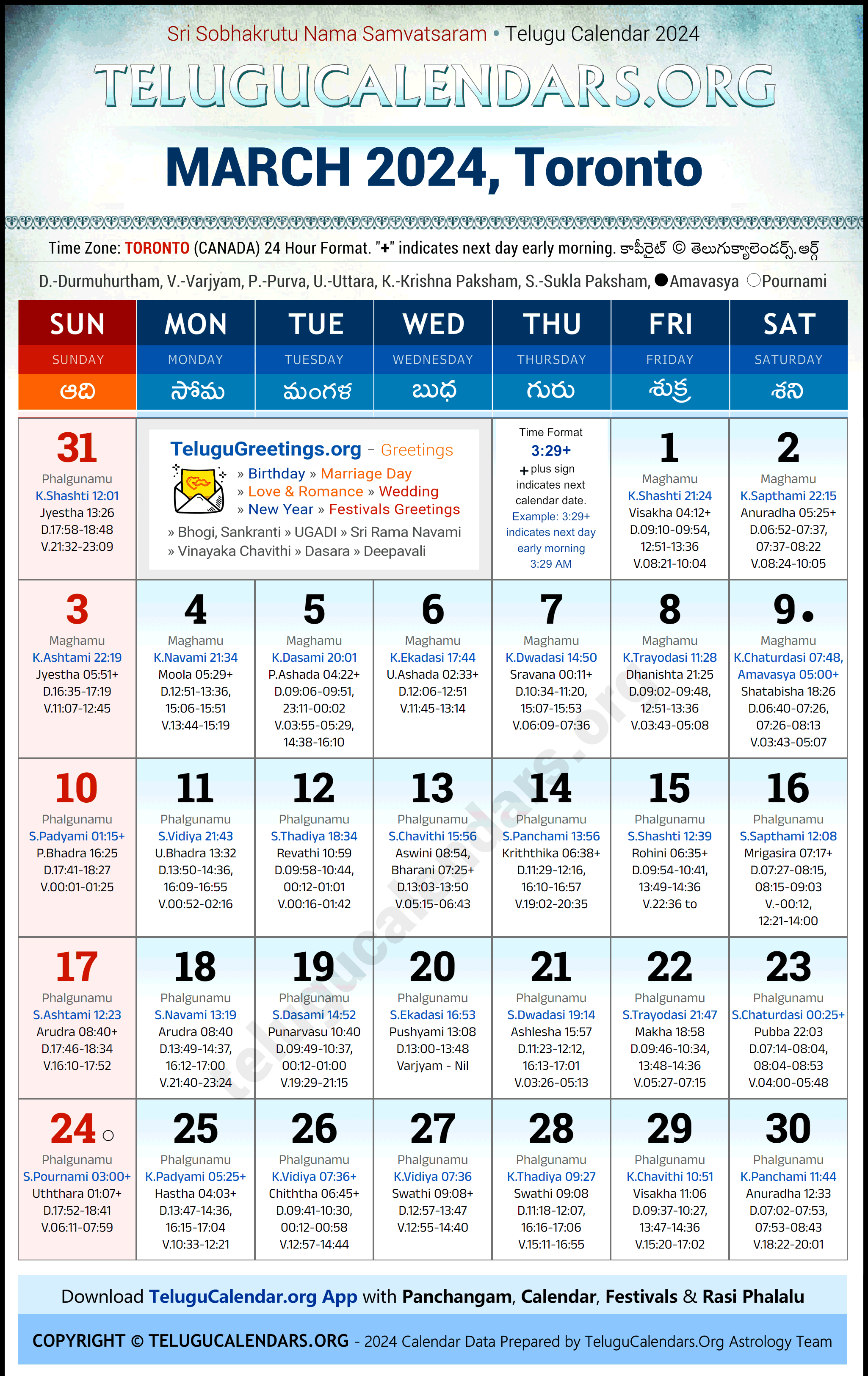 Telugu Calendar 2024 March Festivals for Toronto