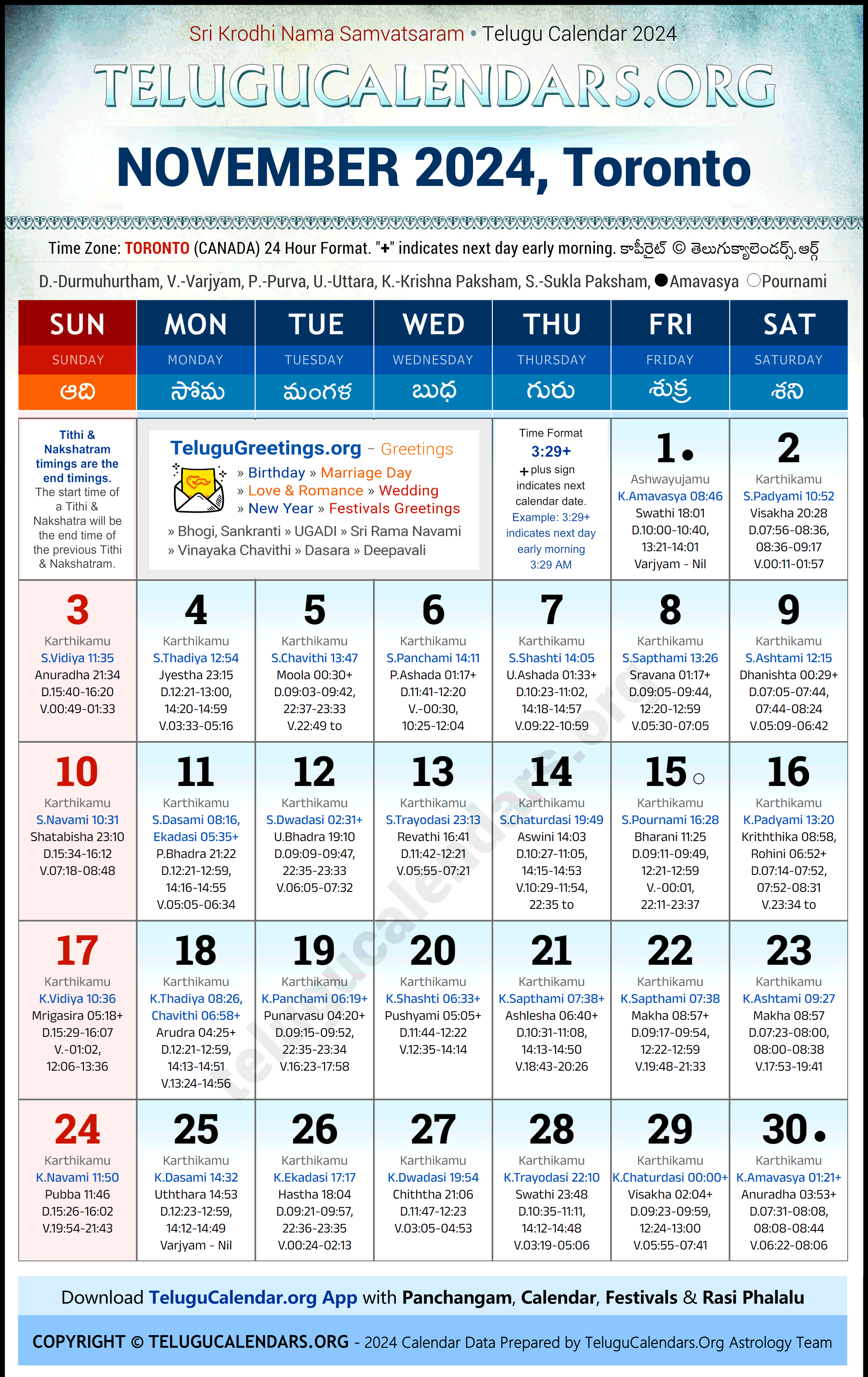 Telugu Calendar 2024 November Festivals for Toronto