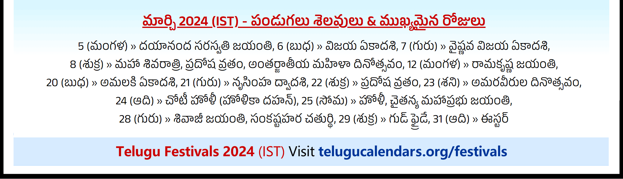 Telugu Festivals 2024 March Andhra Pradesh