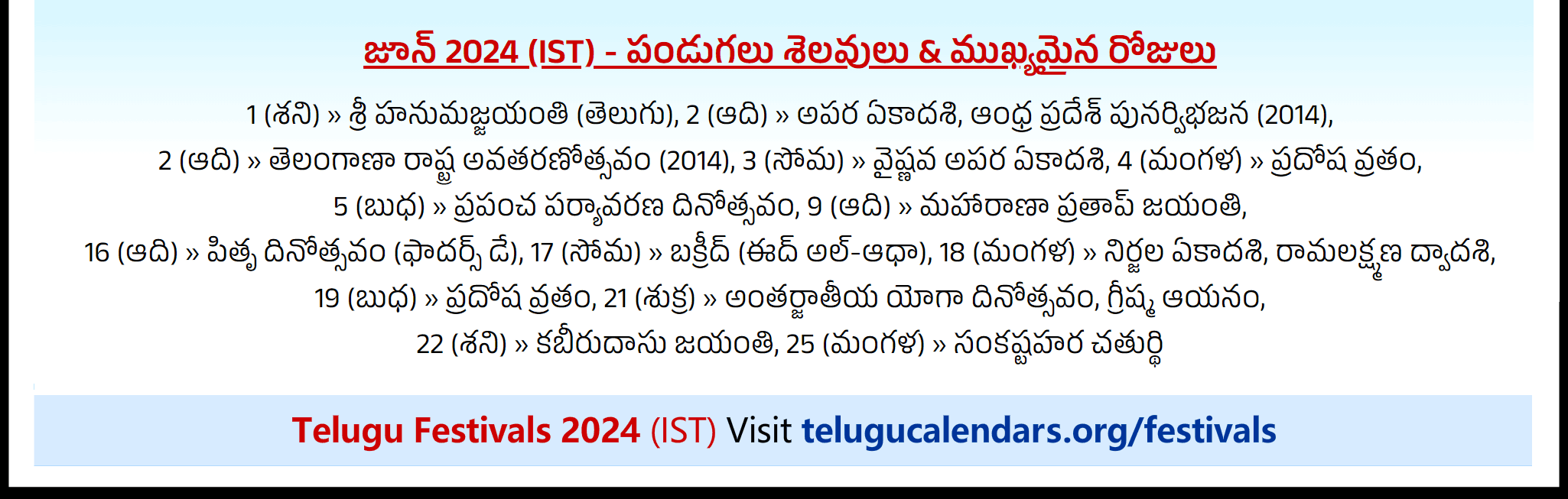 Telugu Festivals 2024 June Andhra Pradesh