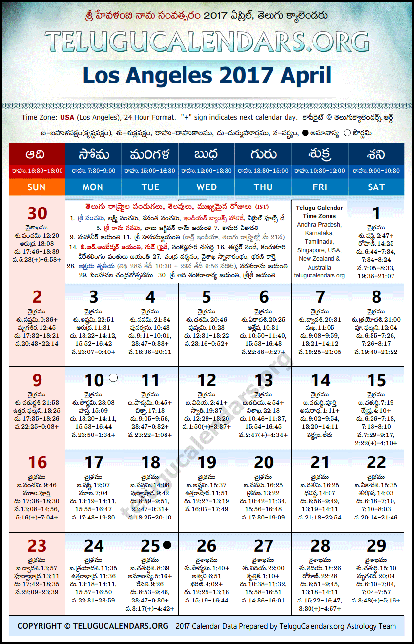 Telugu Calendar 2017 April, Los Angeles