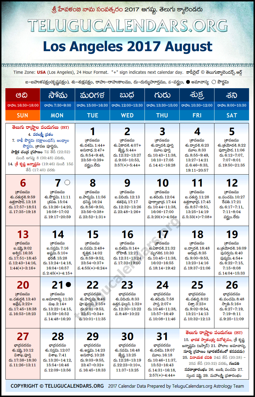 Telugu Calendar 2017 August, Los Angeles