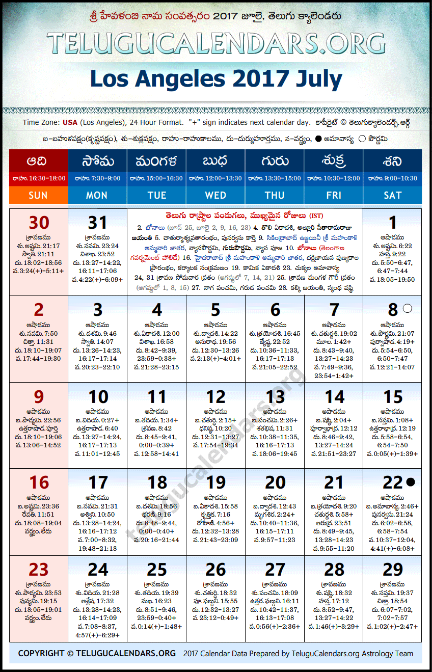 Telugu Calendar 2017 July, Los Angeles