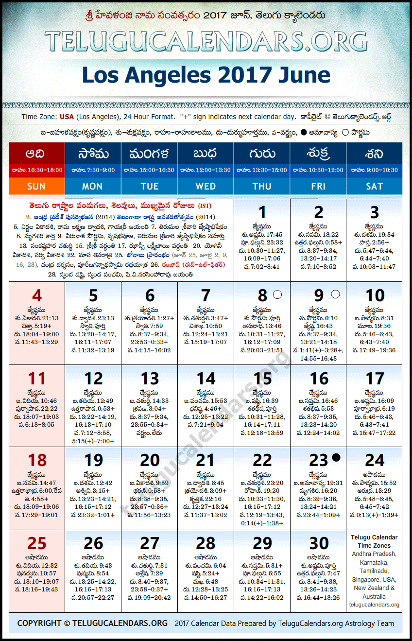 Telugu Calendar 2017 June, Los Angeles