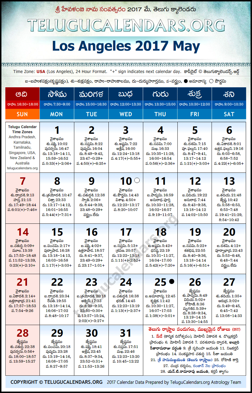 Telugu Calendar 2017 May, Los Angeles