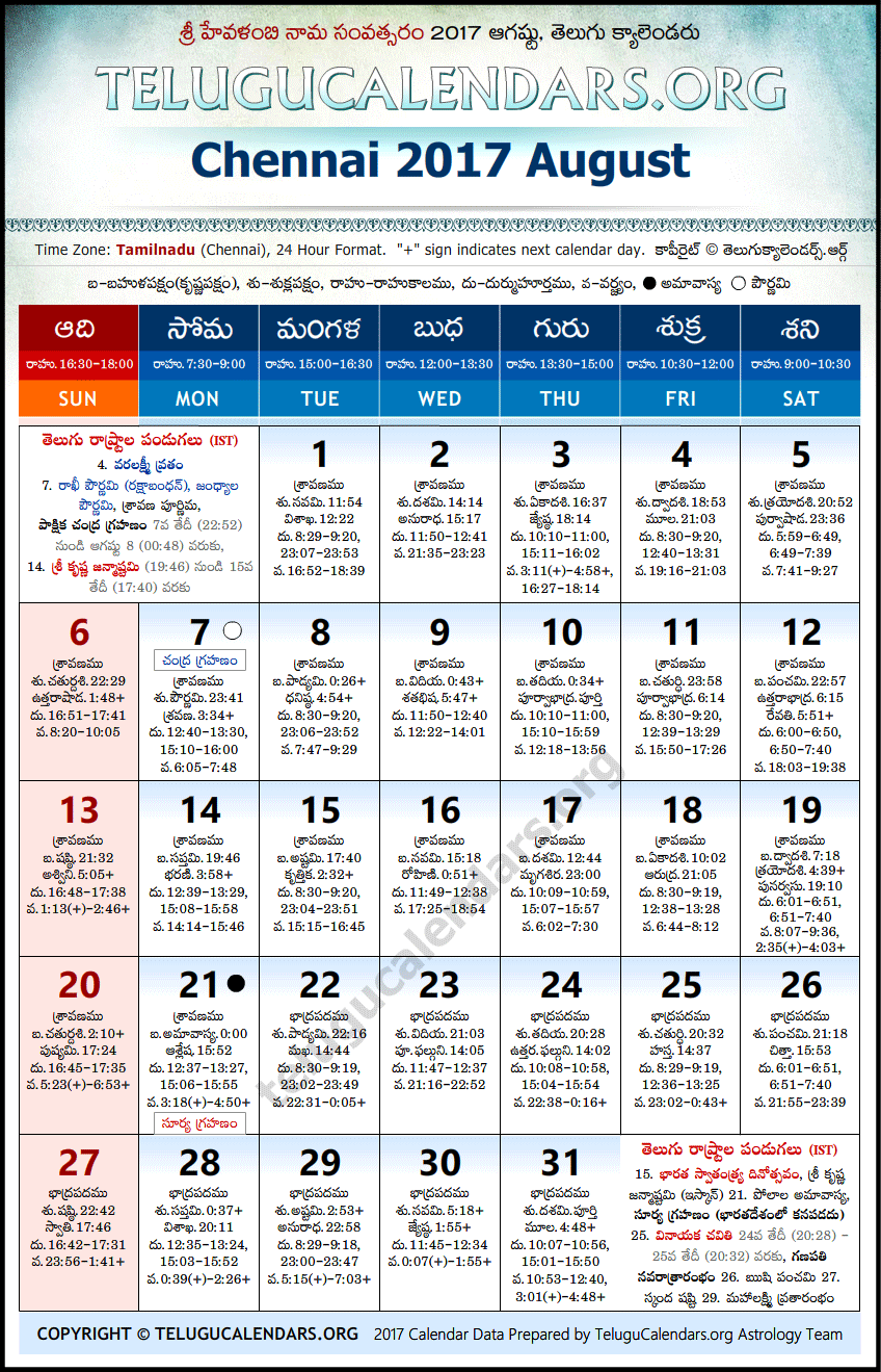 Telugu Calendar 2017 August, Chennai