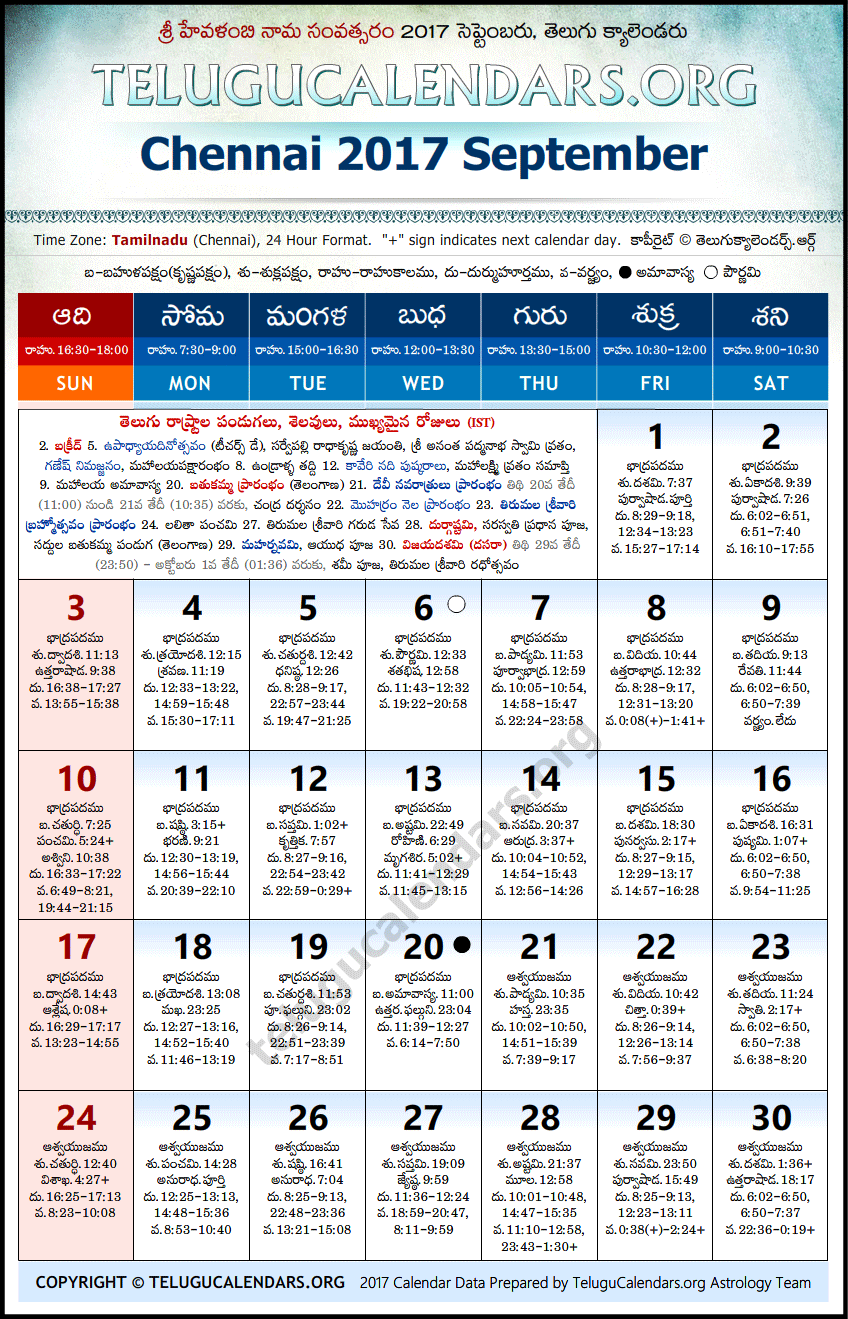 Telugu Calendar 2017 September, Chennai