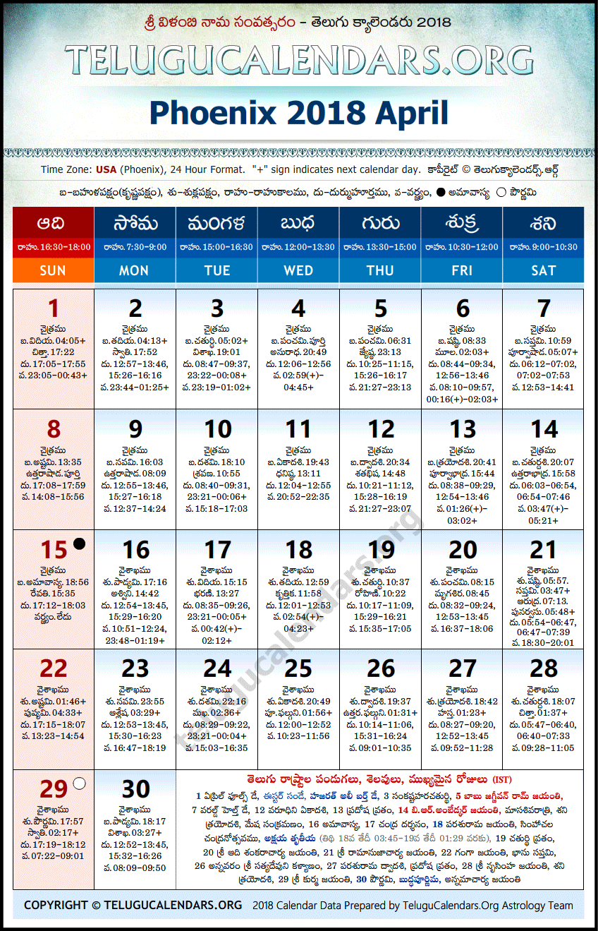 Telugu Calendar 2018 April, Phoenix