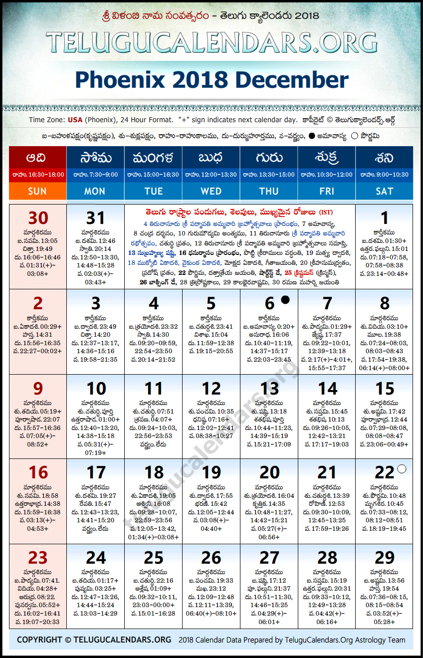 Telugu Calendar 2018 December, Phoenix