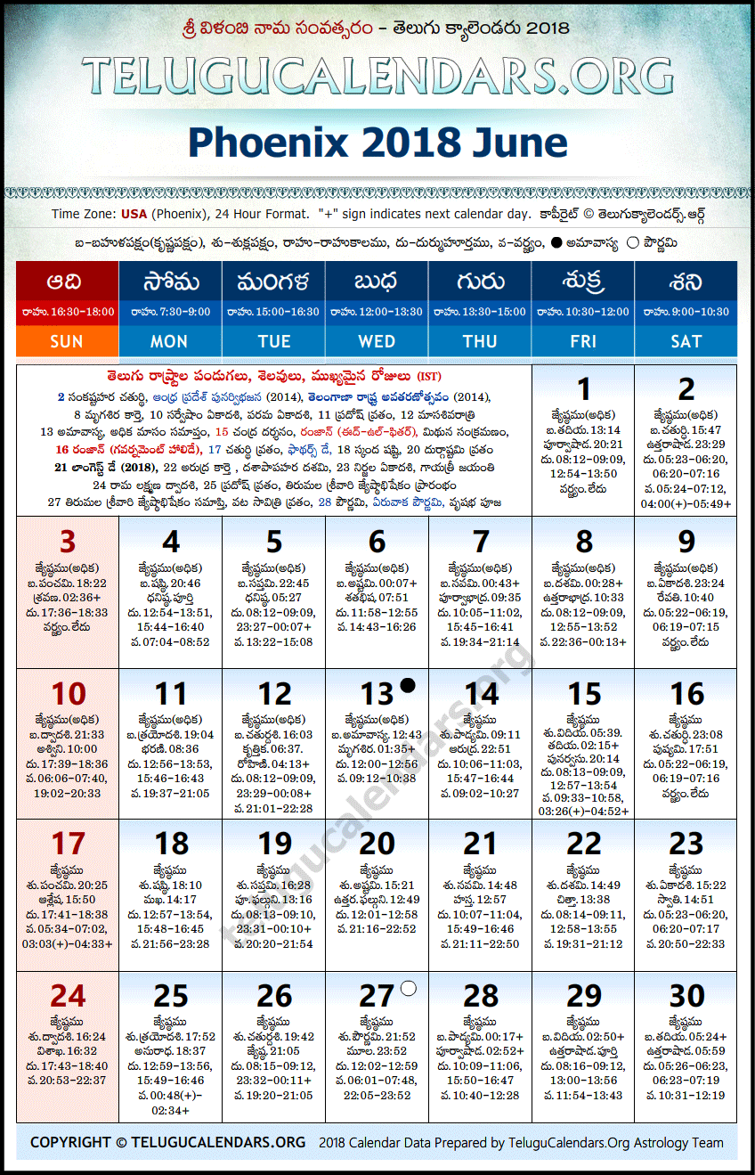 Telugu Calendar 2018 June, Phoenix