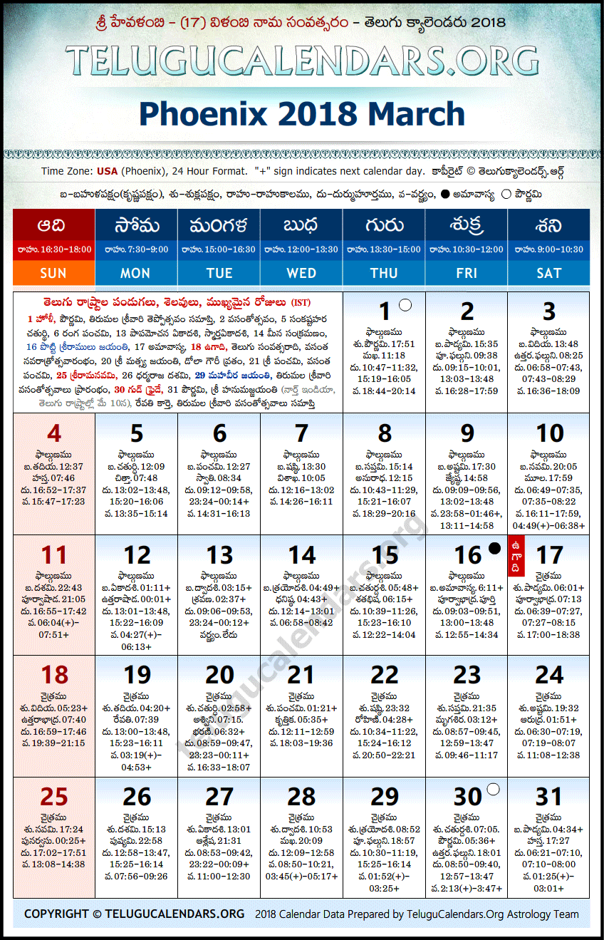Telugu Calendar 2018 March, Phoenix