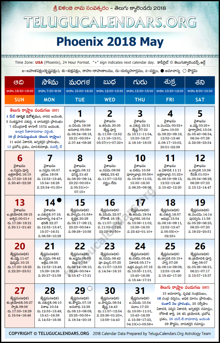 Telugu Calendar 2018 May, Phoenix