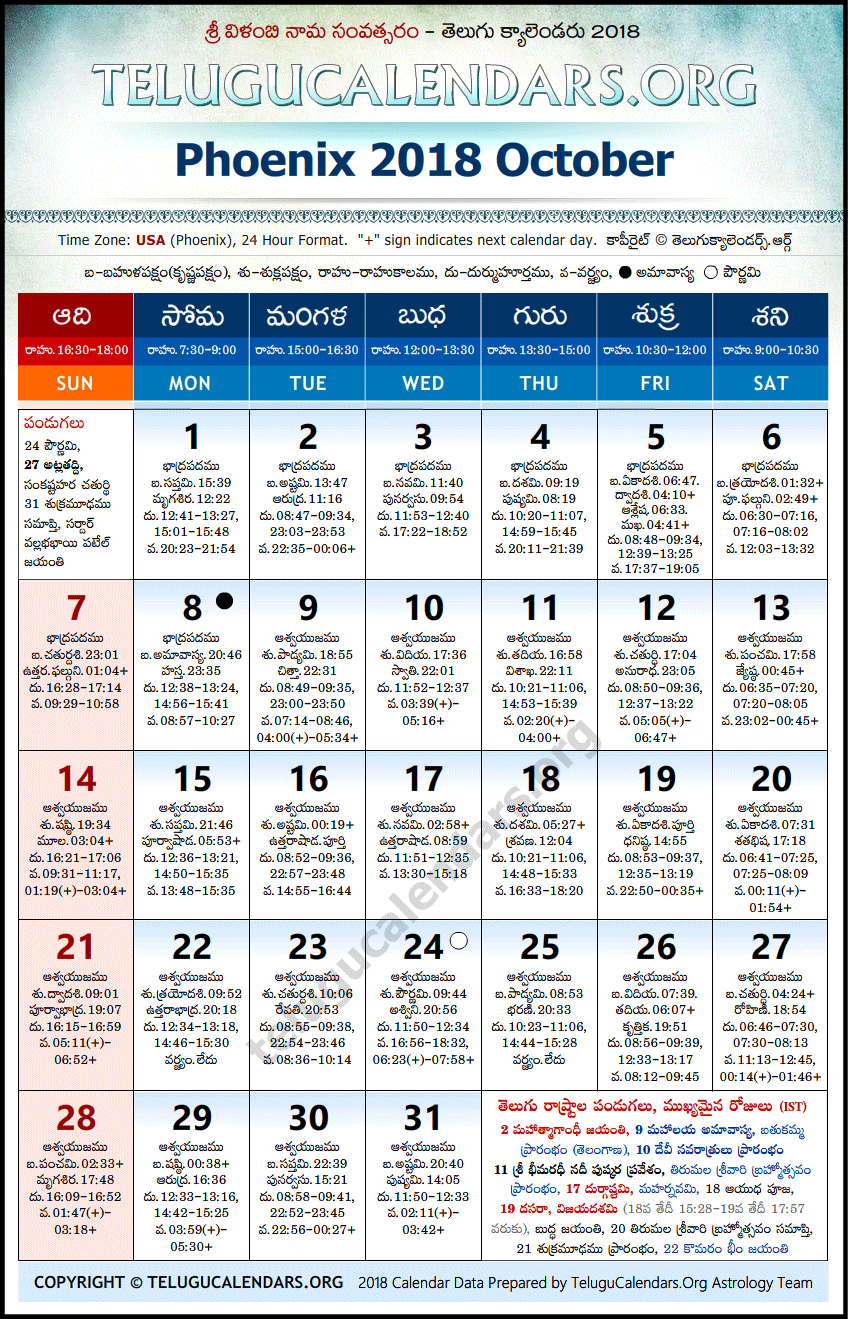 Telugu Calendar 2018 October, Phoenix