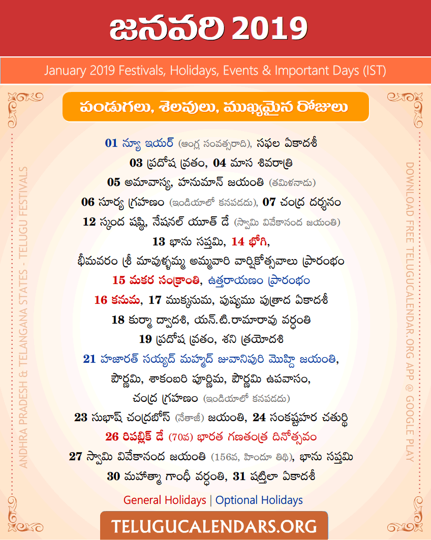 Telugu Festivals 2019 January (IST)