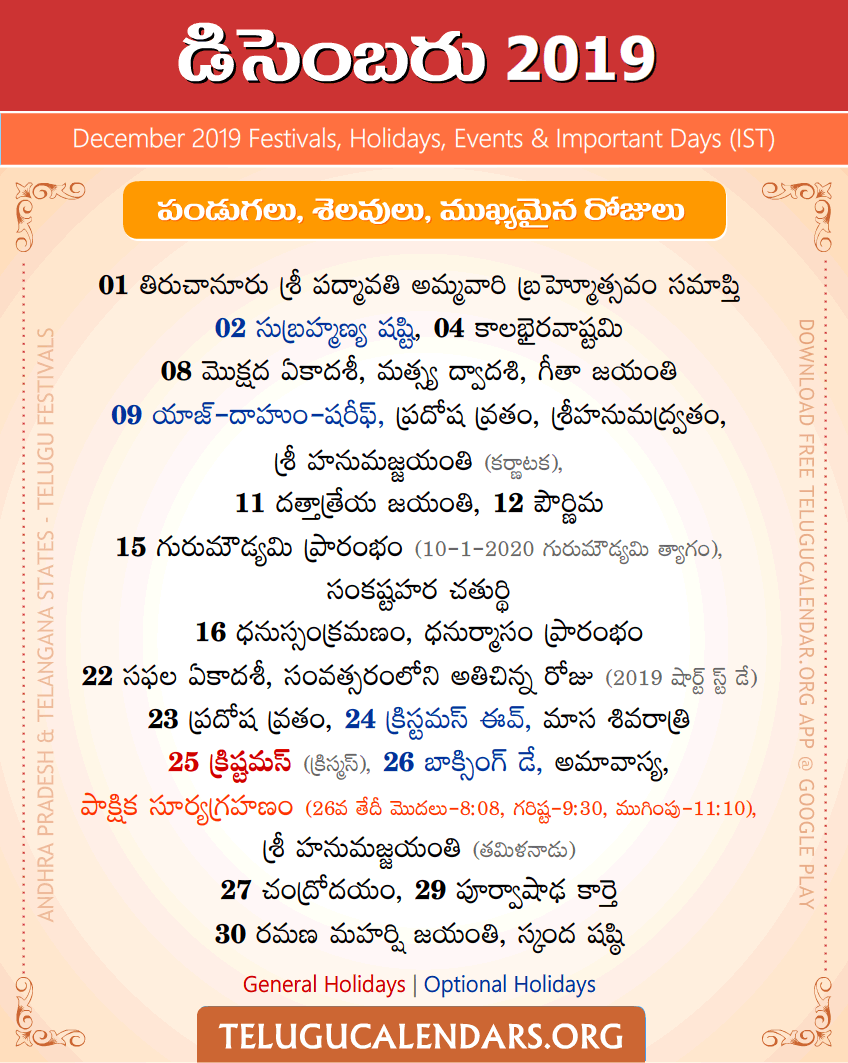 Telugu Festivals 2019 December (IST)