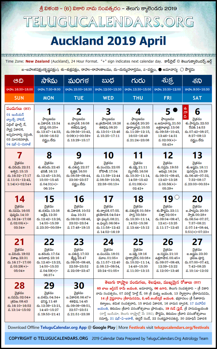 Telugu Calendar 2019 April, Auckland