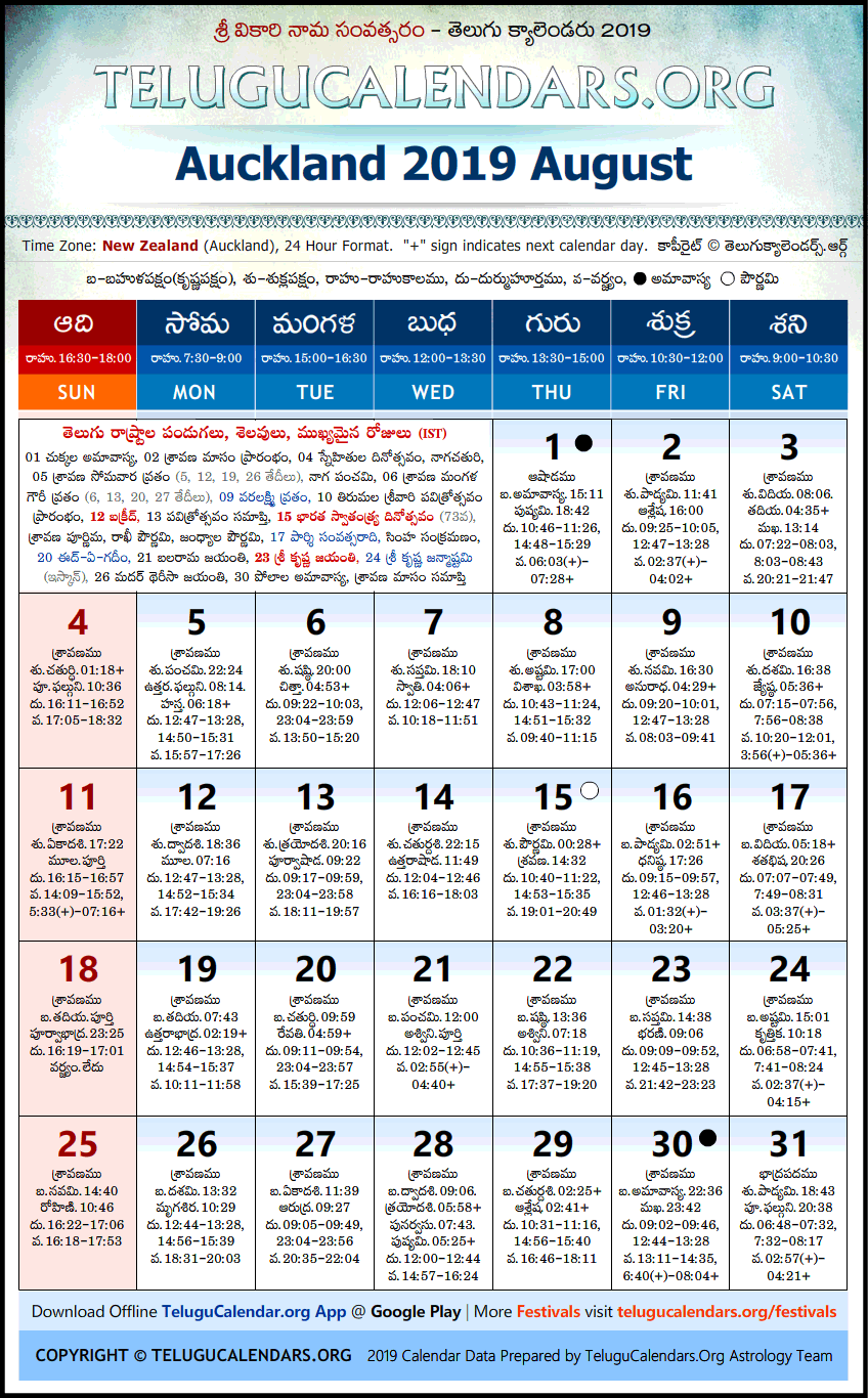Telugu Calendar 2019 August, Auckland
