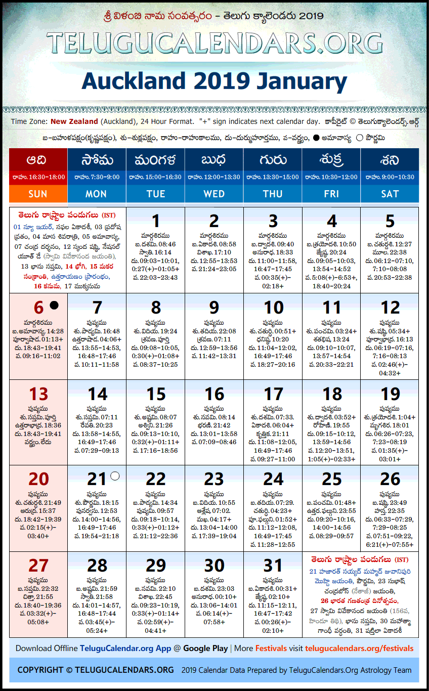 Telugu Calendar 2019 January, Auckland