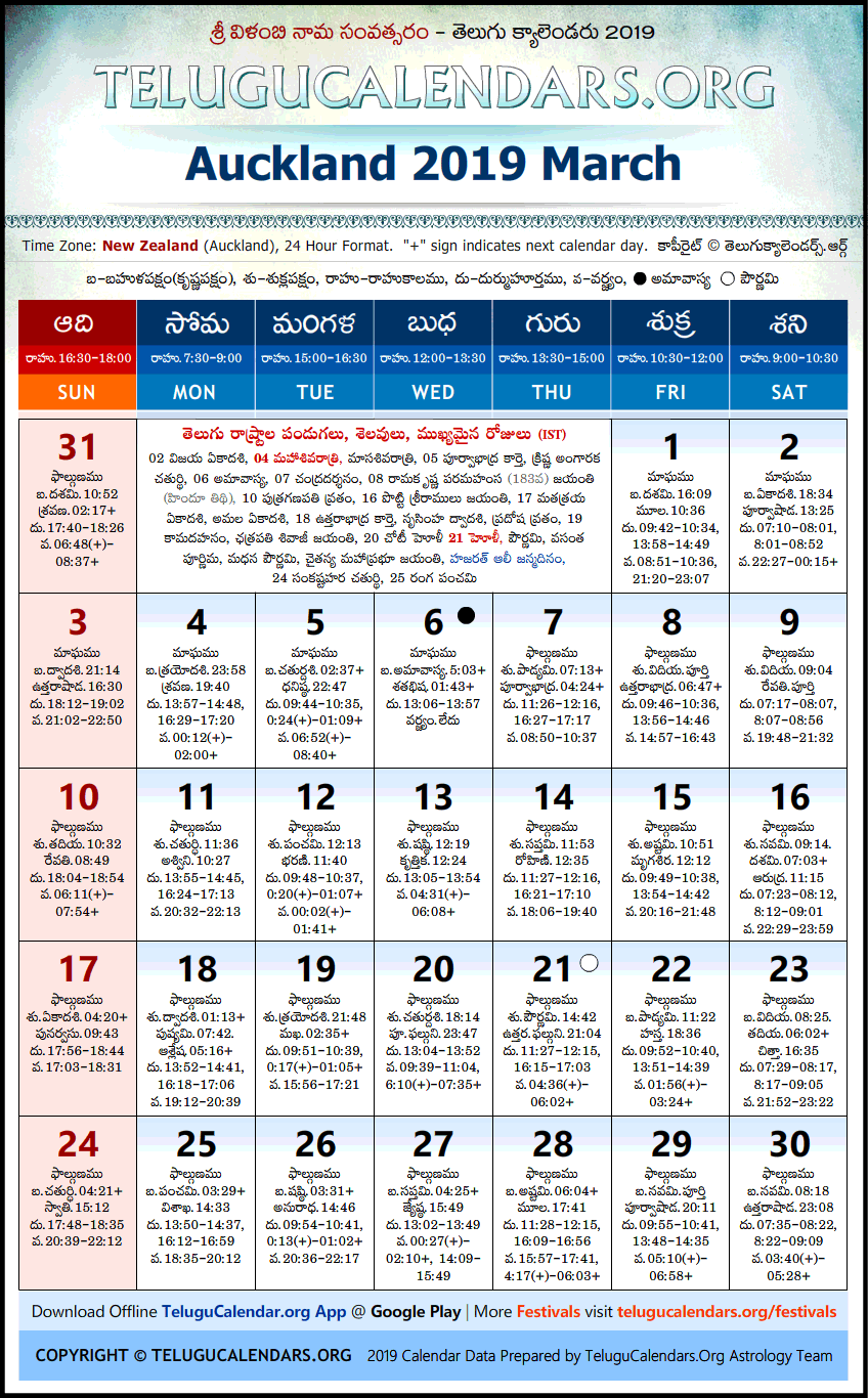Telugu Calendar 2019 March, Auckland