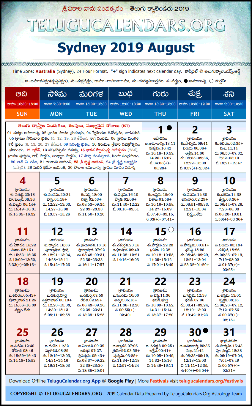 Telugu Calendar 2019 August, Sydney