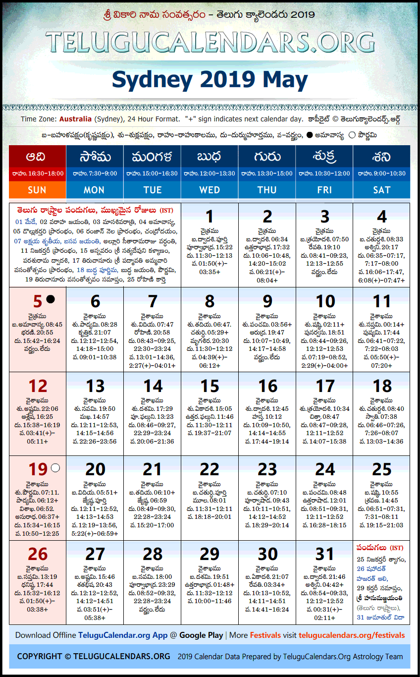 Telugu Calendar 2019 May, Sydney