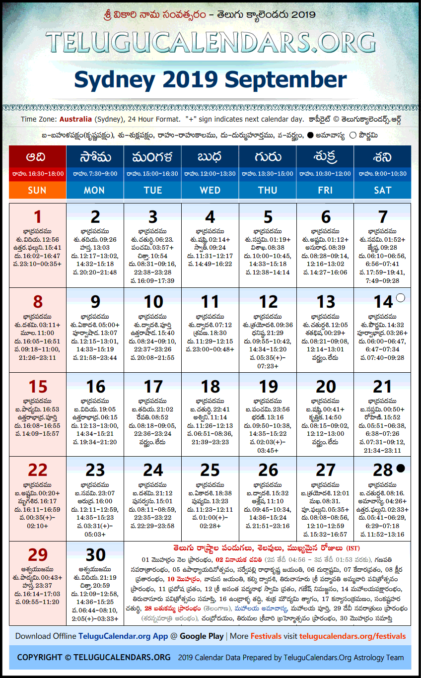 Telugu Calendar 2019 September, Sydney