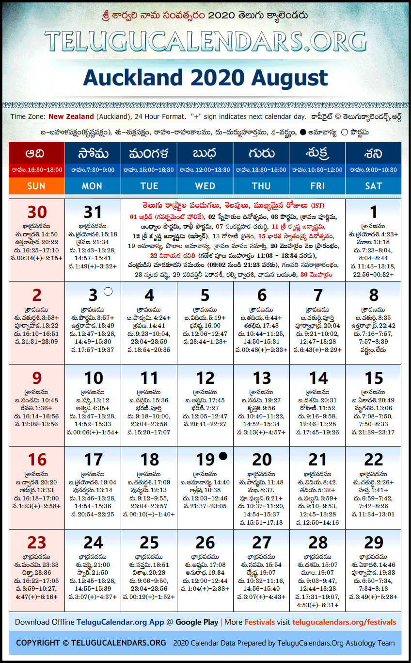 Telugu Calendar 2020 August, Auckland