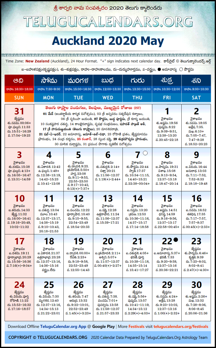 Telugu Calendar 2020 May, Auckland