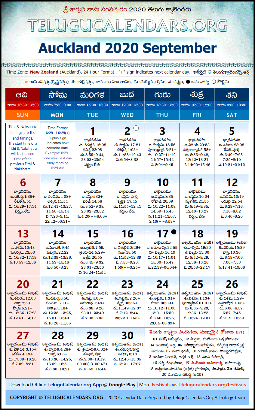 Telugu Calendar 2020 September, Auckland