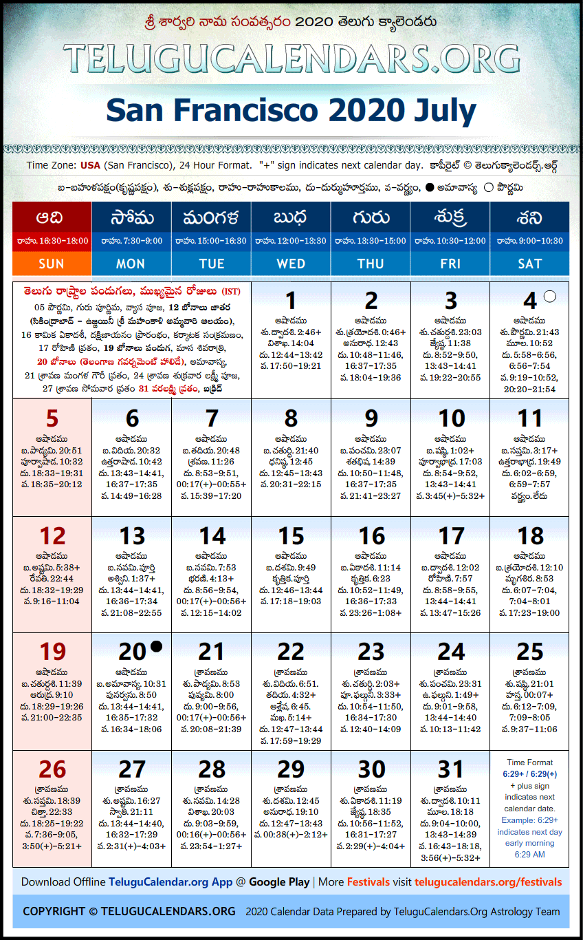 Telugu Calendar 2020 July, San Francisco