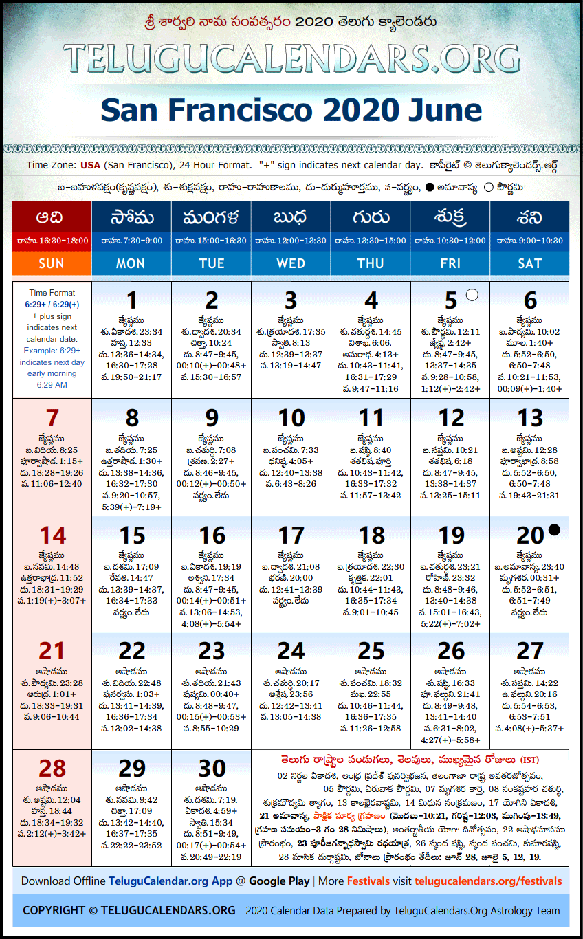 Telugu Calendar 2020 June, San Francisco