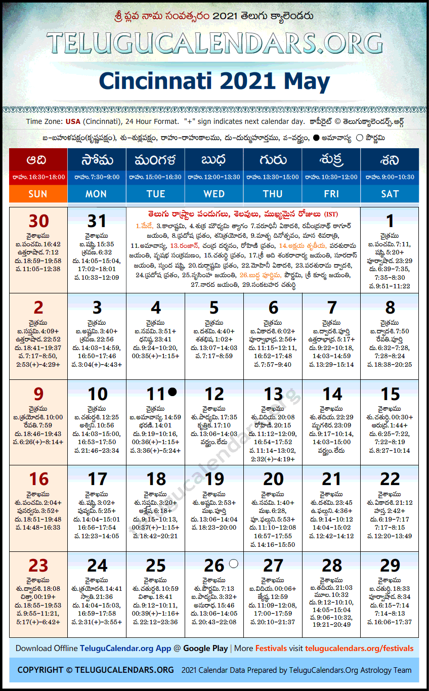 Telugu Calendar 2021 May, Cincinnati