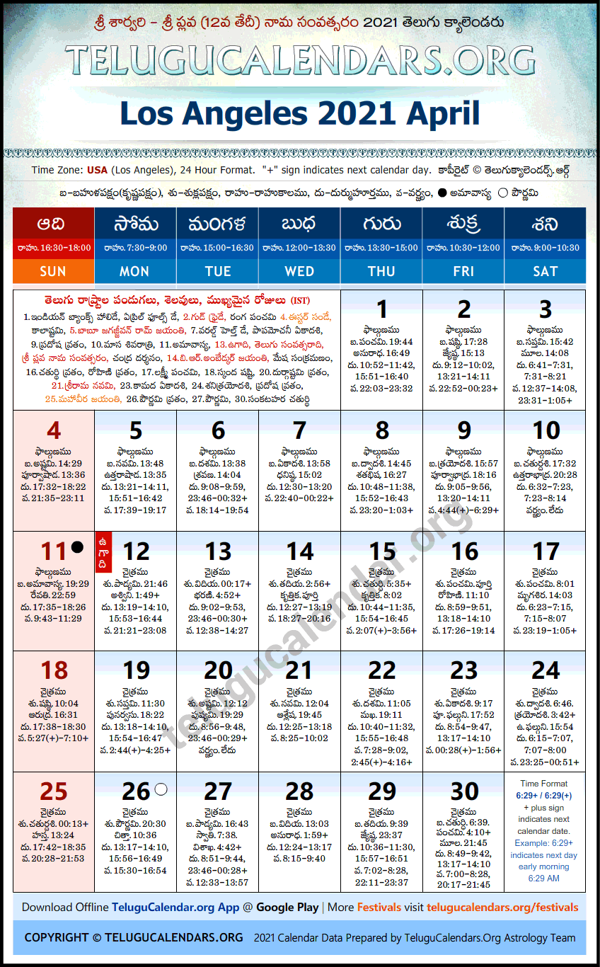 Telugu Calendar 2021 April, Los Angeles