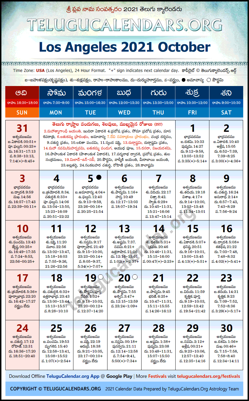 Telugu Calendar 2021 October, Los Angeles