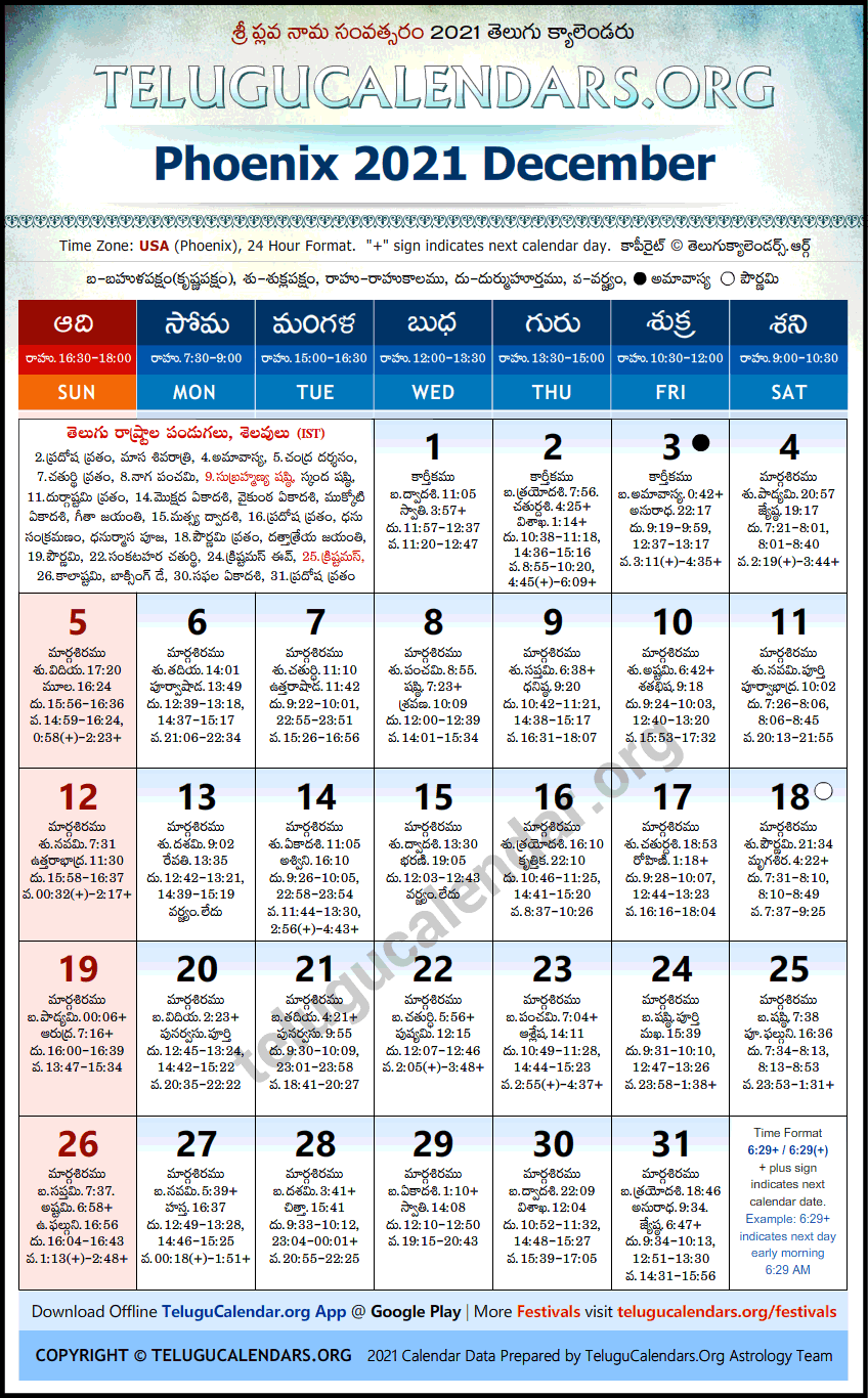 Telugu Calendar 2021 December, Phoenix