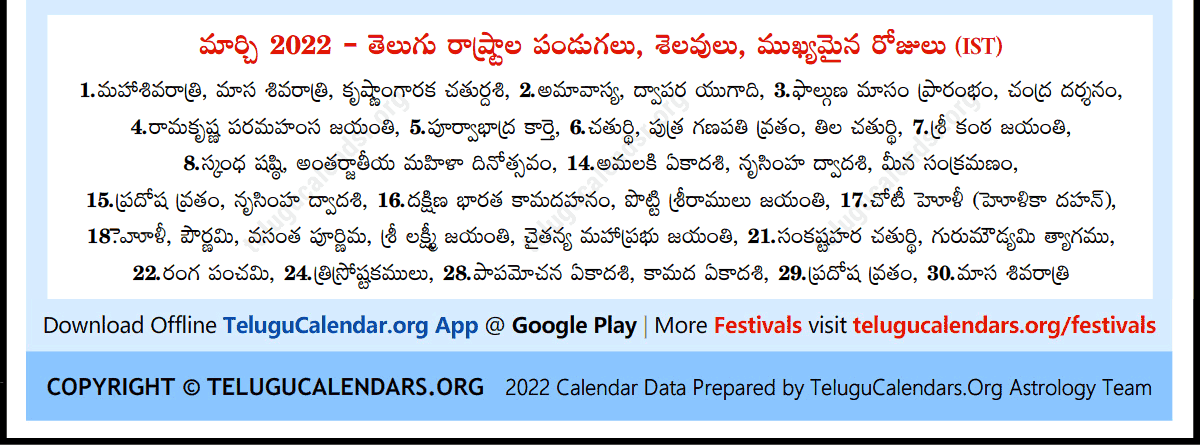 March 2022 Telugu Calendar Singapore | Telugu Calendars 2022 March