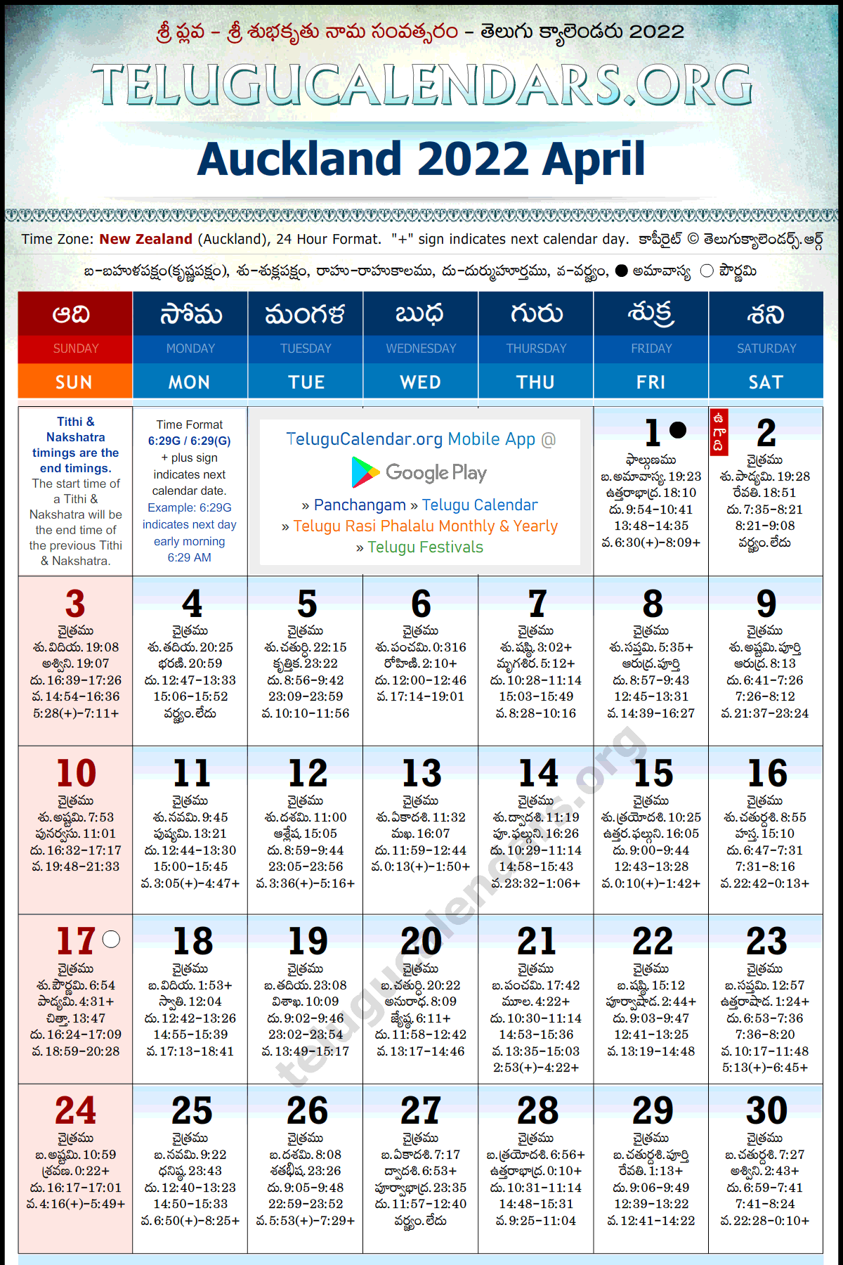 Telugu Calendar 2022 April, Auckland