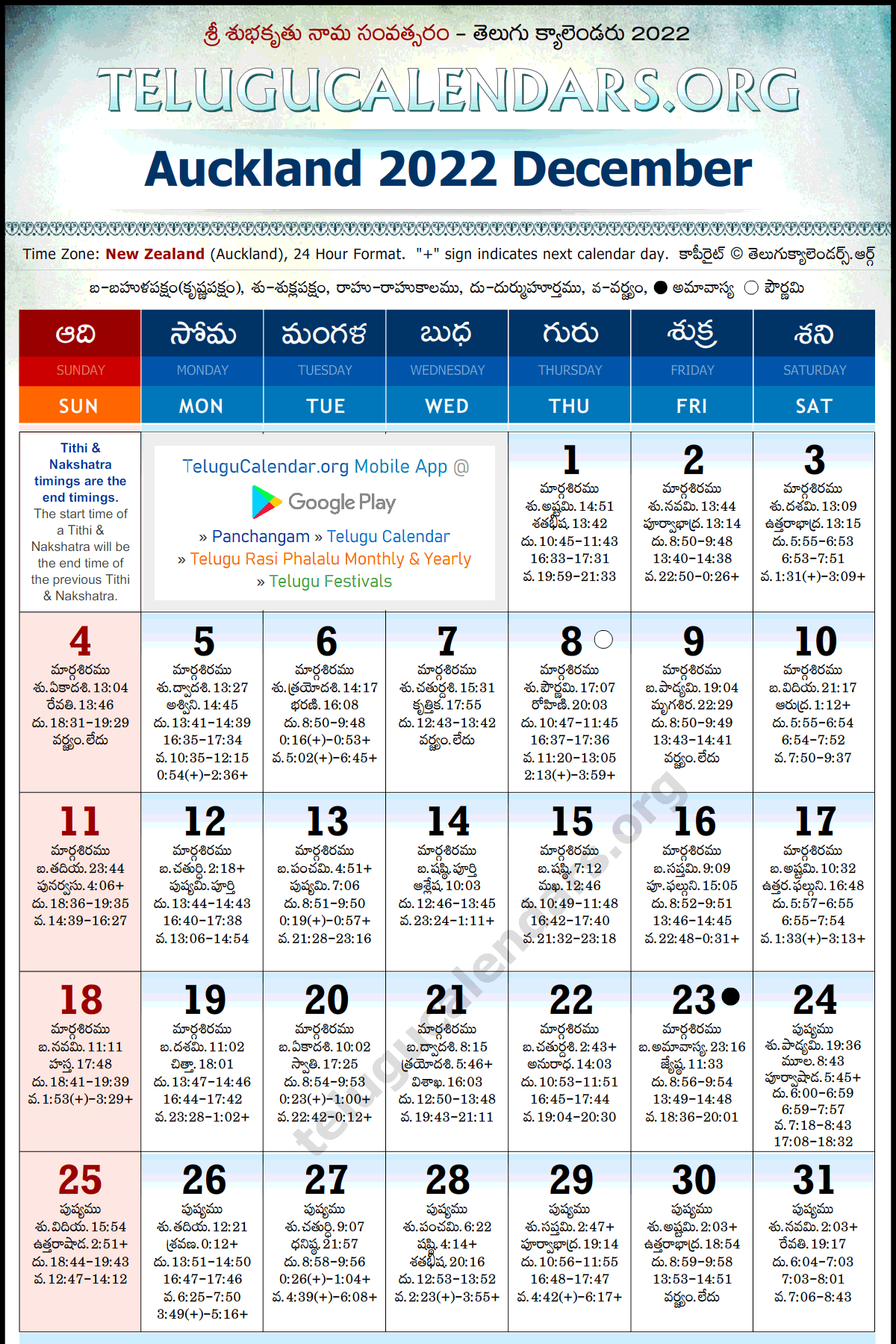 Telugu Calendar 2022 December, Auckland