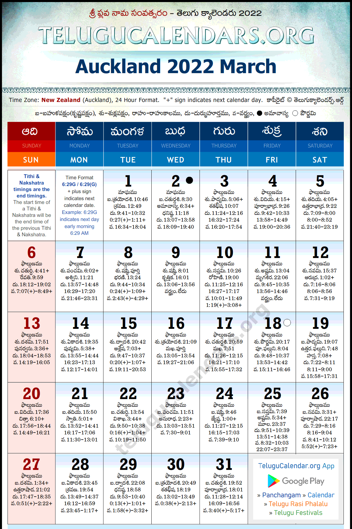 Telugu Calendar 2022 March, Auckland