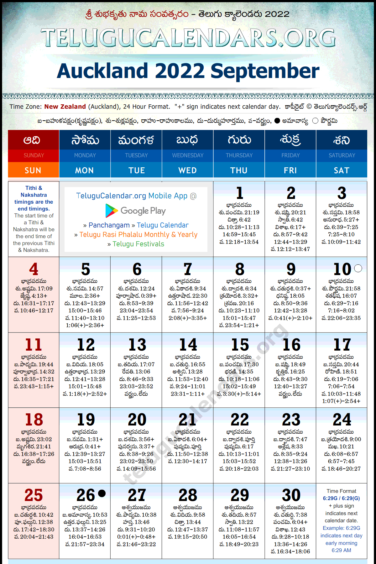 Telugu Calendar 2022 September, Auckland