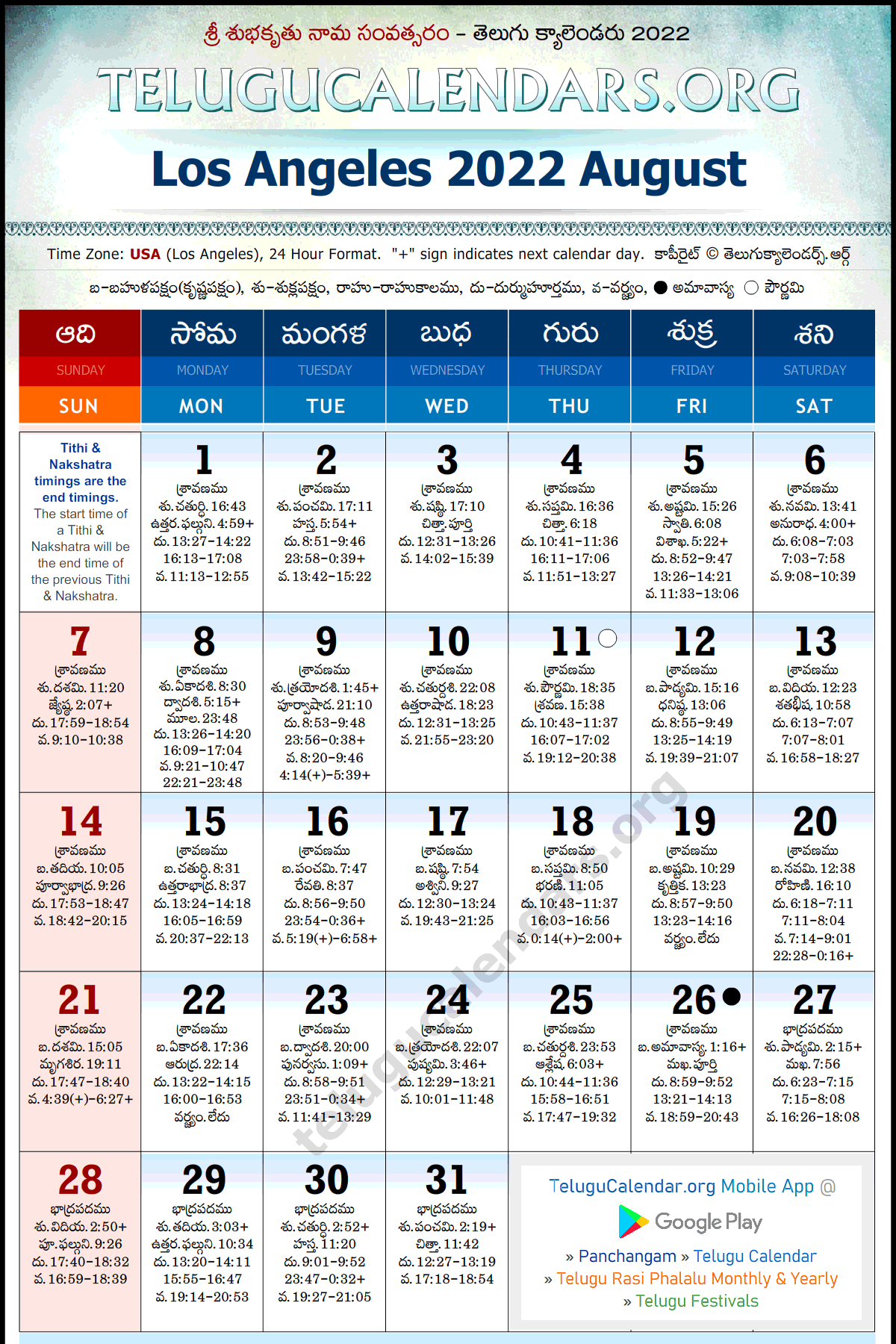 Telugu Calendar 2022 August, Los Angeles