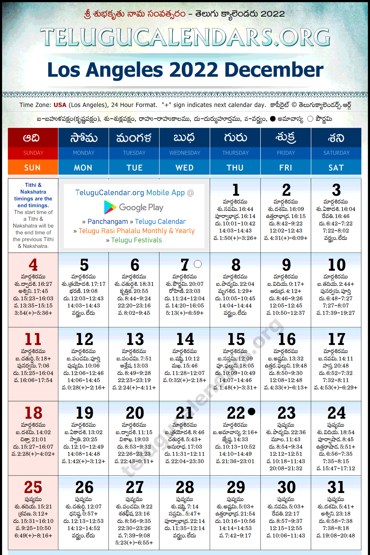 Telugu Calendar 2022 December, Los Angeles