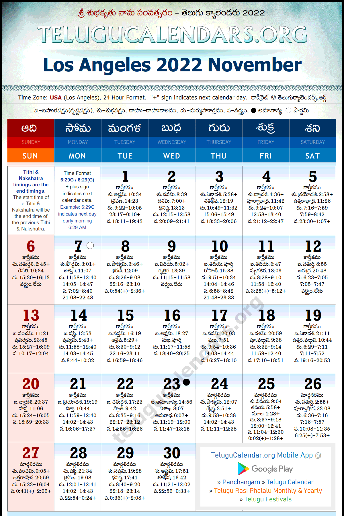Telugu Calendar 2022 November, Los Angeles